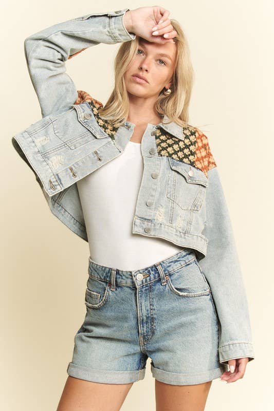 DISTRESSED FLORAL PATCHWORK CROPPED DENIM JACKET