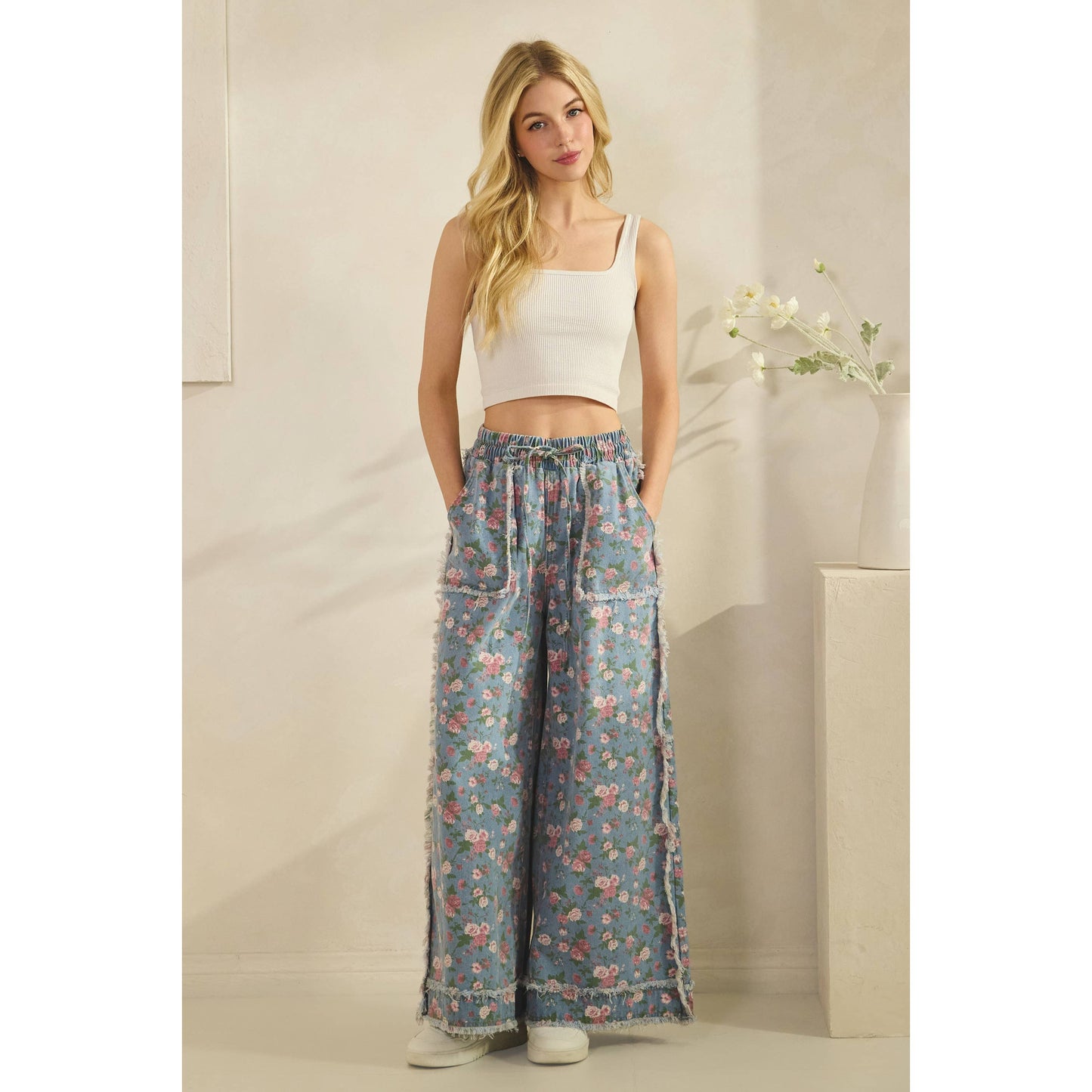 BOHO GARDEN DENIM PANTS FLORAL PRINT