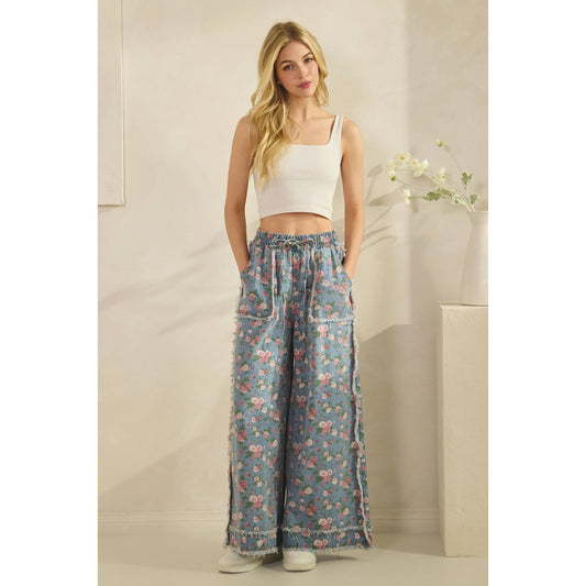 BOHO GARDEN DENIM PANTS FLORAL PRINT