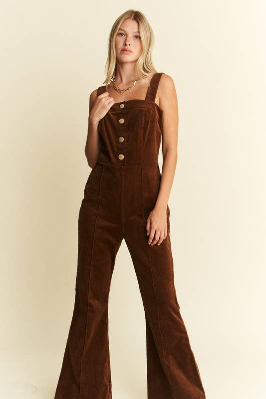 PLUS SIZE BUTTON DOWN CORDUROY FLARED JUMPSUIT ZIPPERED BACK