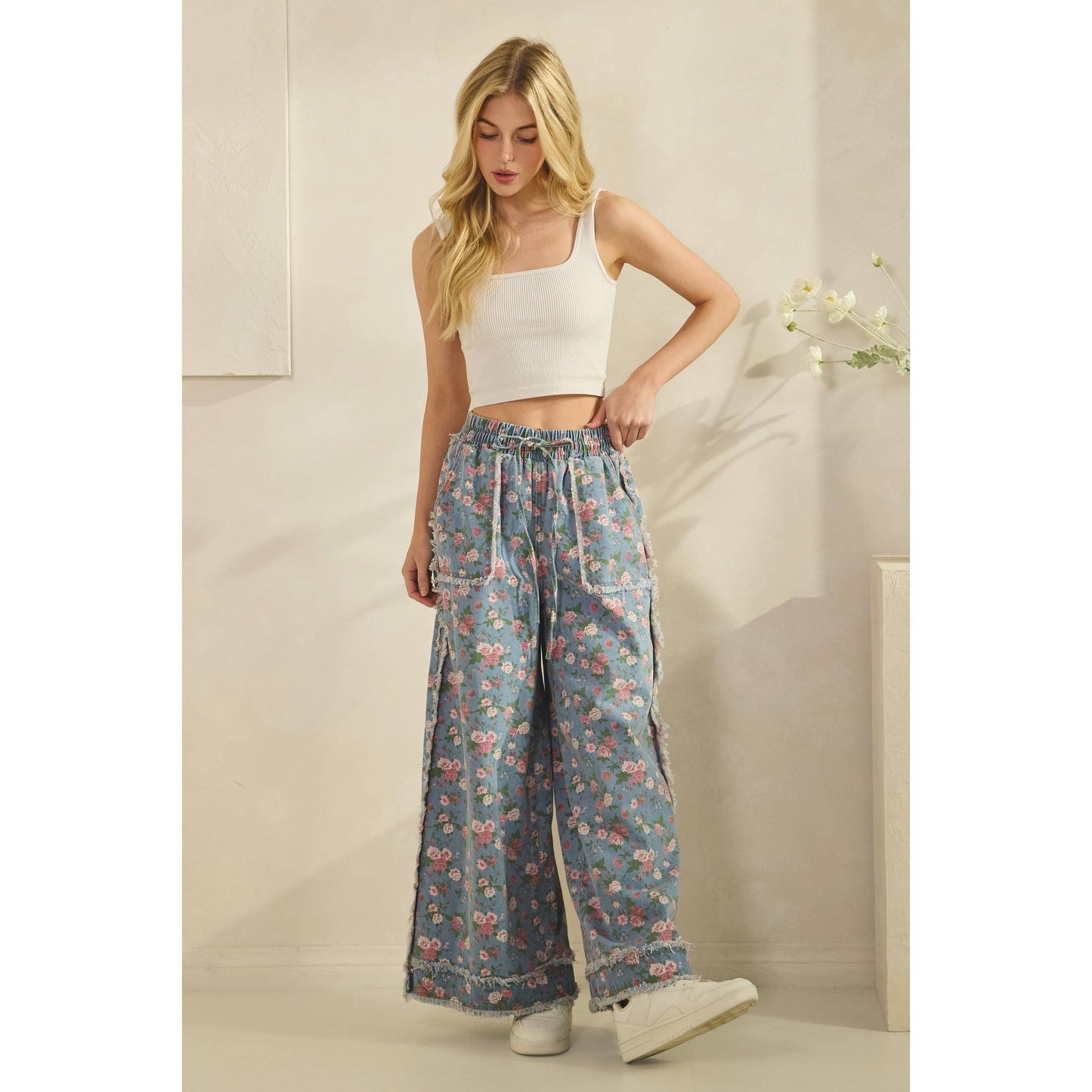 BOHO GARDEN DENIM PANTS FLORAL PRINT