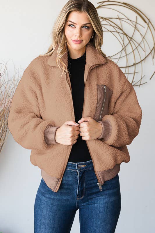 Plus size LONG SLEEVE COLLAR FRONT ZIPPER SHERPA JACKET