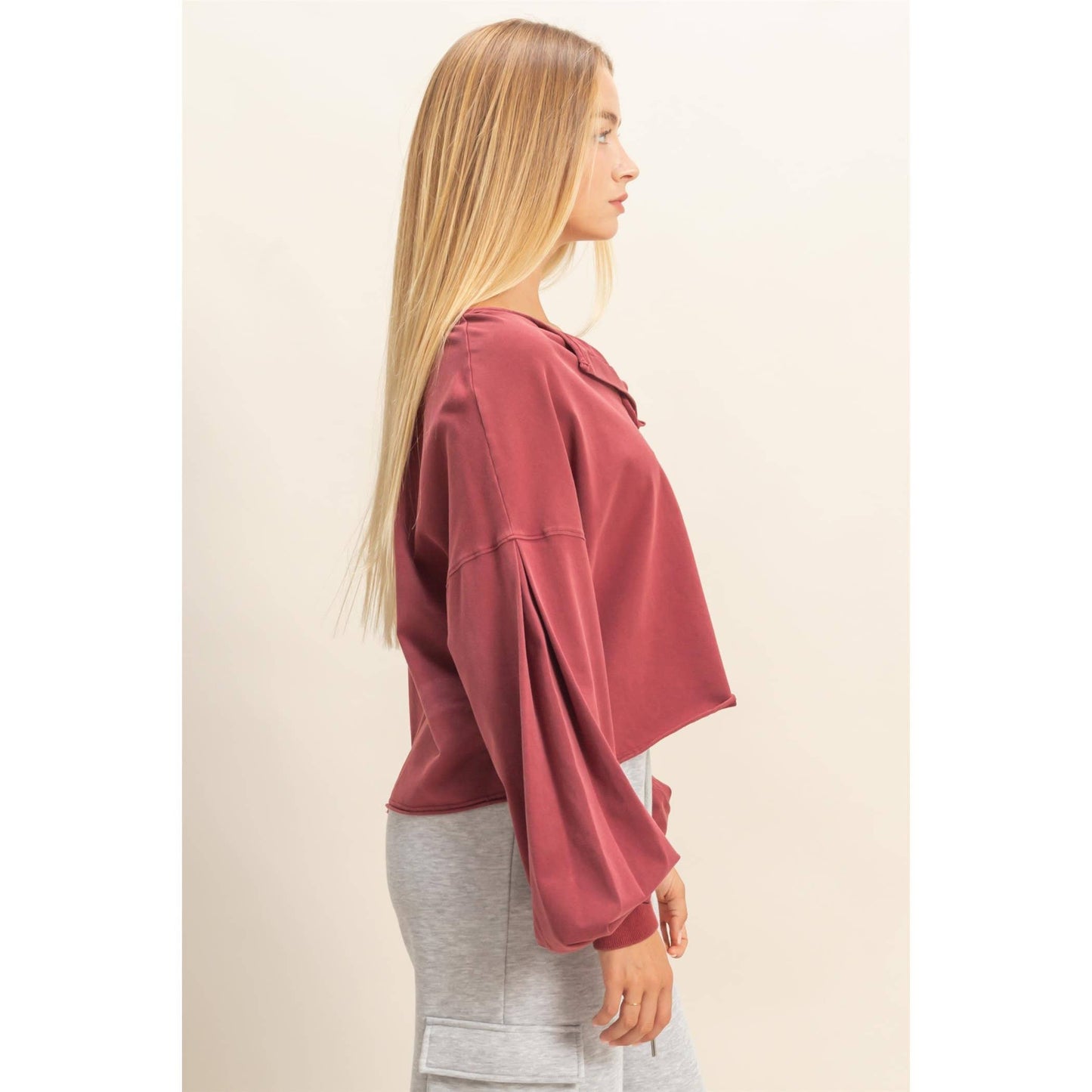 Mineral Washed Casual Long-Sleeve Top