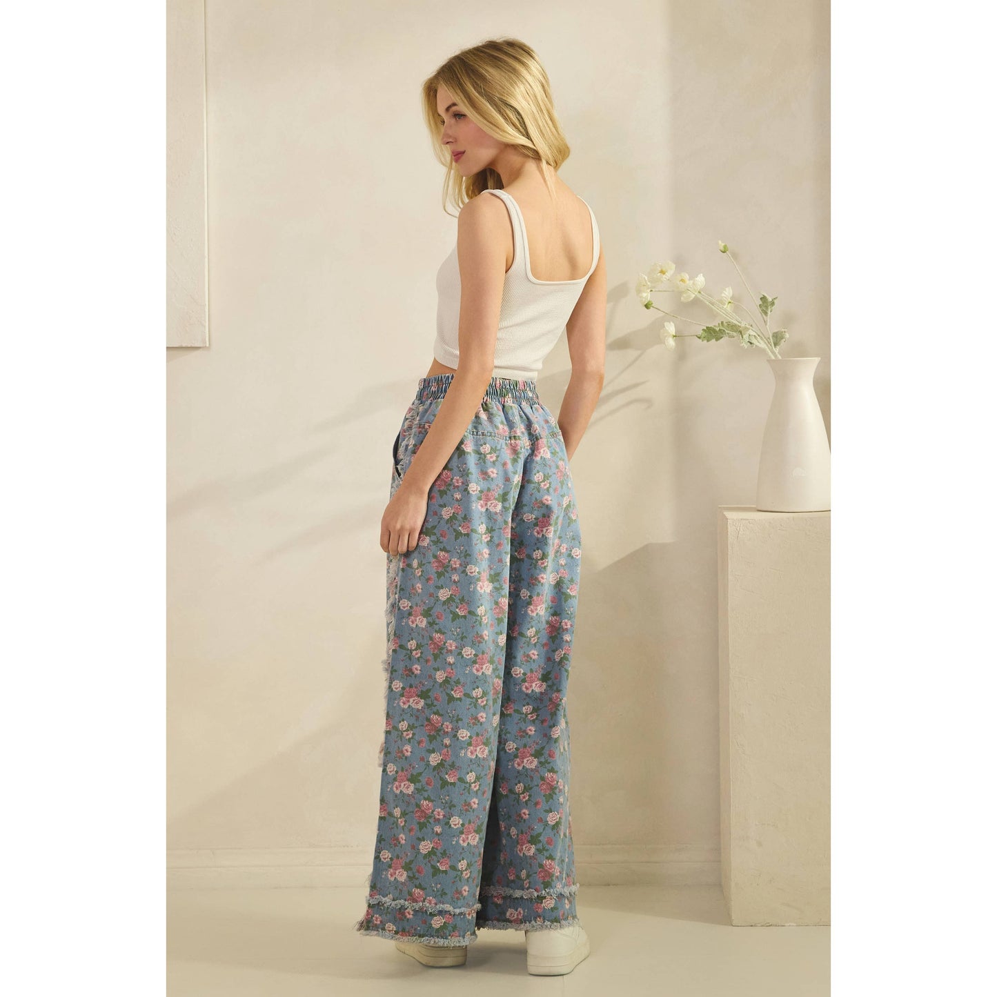 BOHO GARDEN DENIM PANTS FLORAL PRINT