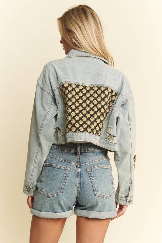 DISTRESSED FLORAL PATCHWORK CROPPED DENIM JACKET