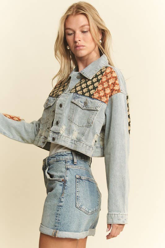 DISTRESSED FLORAL PATCHWORK CROPPED DENIM JACKET