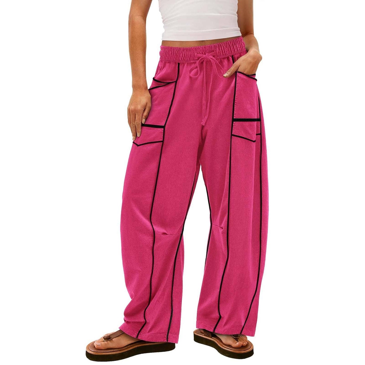 Rose Drawstring Mid-Waist Causal Barrel Pants