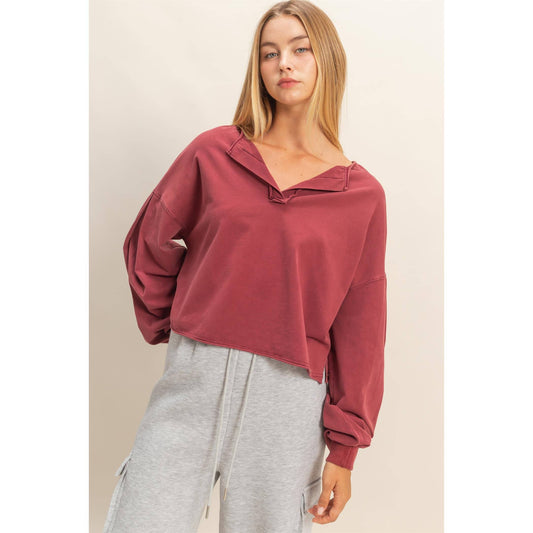 Mineral Washed Casual Long-Sleeve Top