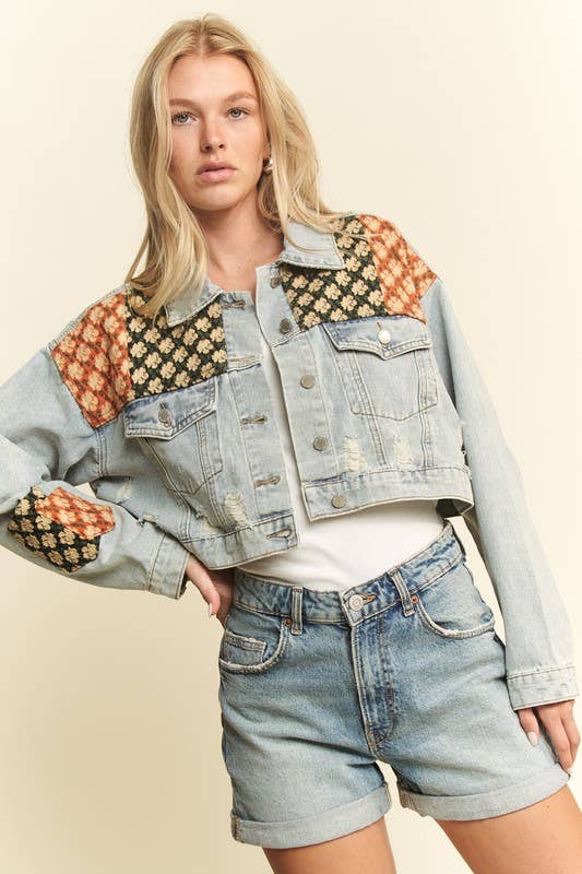 DISTRESSED FLORAL PATCHWORK CROPPED DENIM JACKET