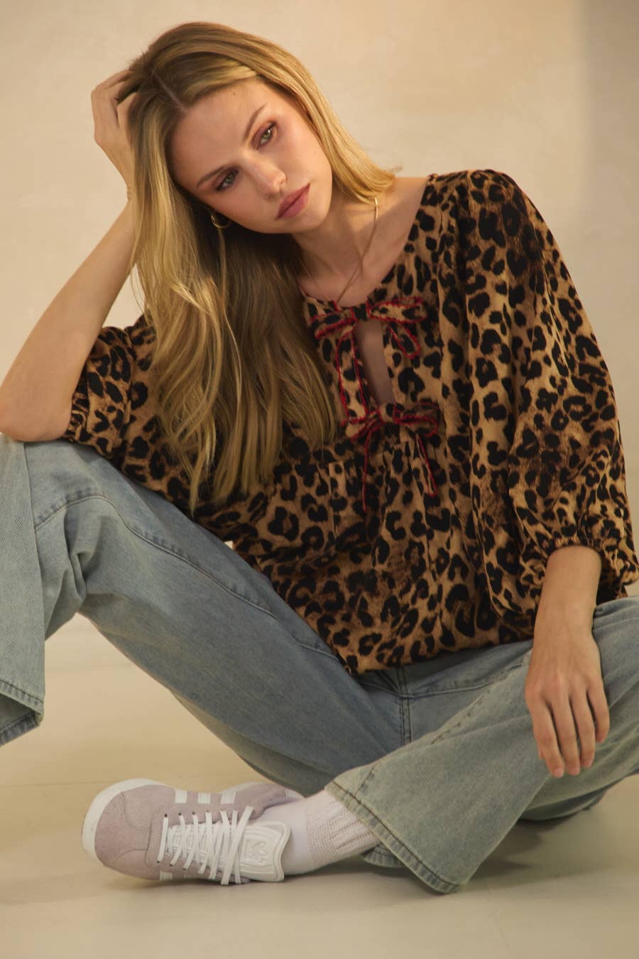 Plus Leopard Printed Puff Sleeve Blouse