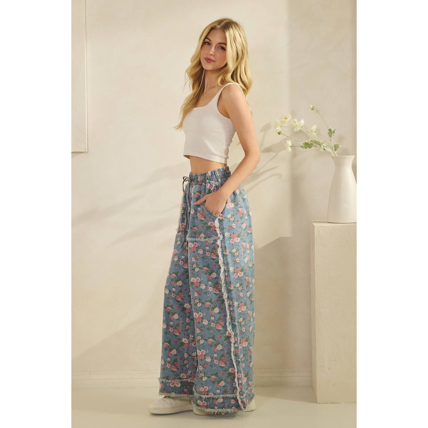 BOHO GARDEN DENIM PANTS FLORAL PRINT