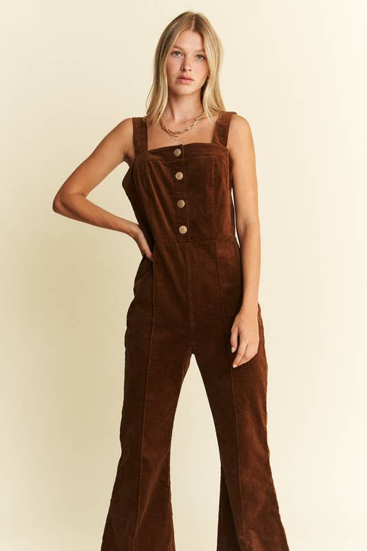PLUS SIZE BUTTON DOWN CORDUROY FLARED JUMPSUIT ZIPPERED BACK