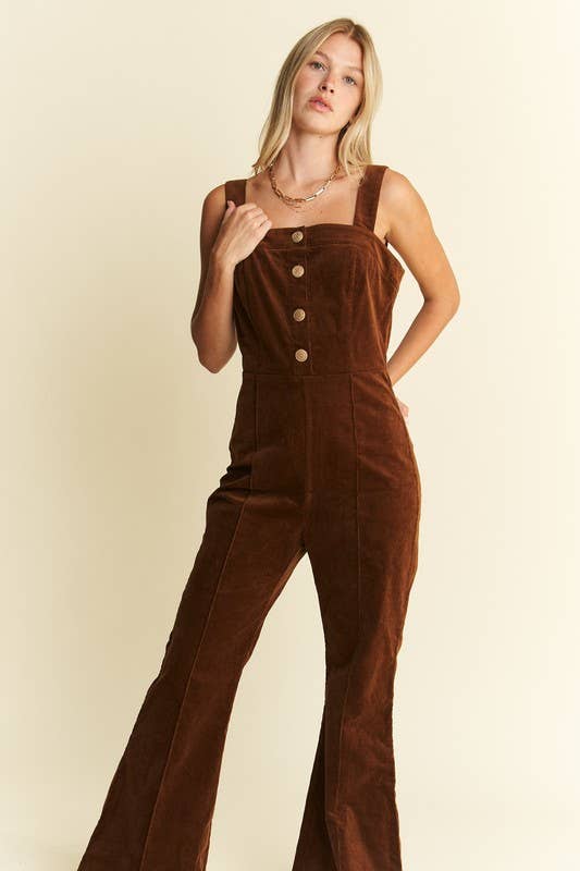 PLUS SIZE BUTTON DOWN CORDUROY FLARED JUMPSUIT ZIPPERED BACK
