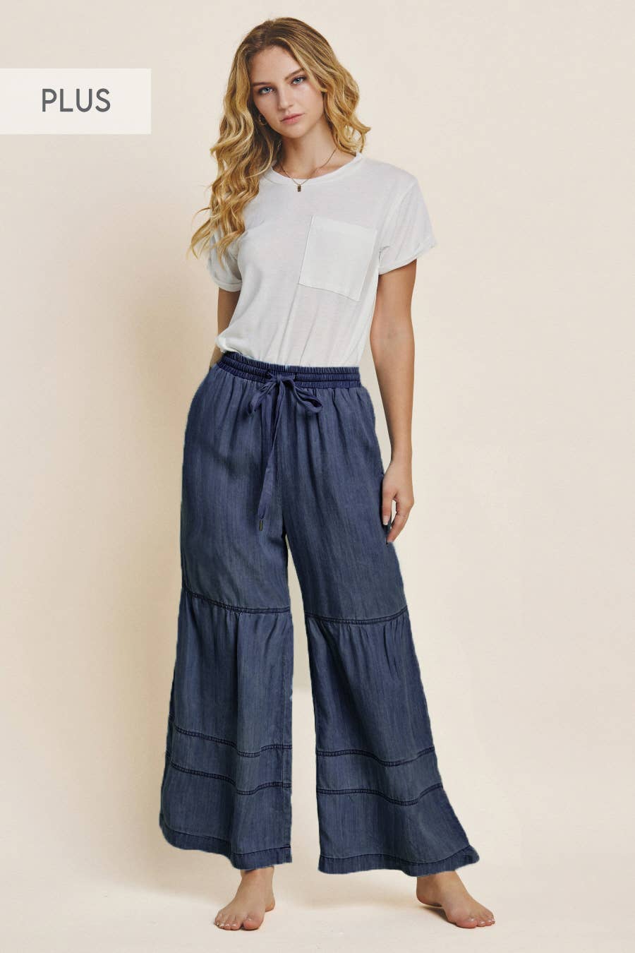 Plus Washed Denim Tiered Wide Leg Pants