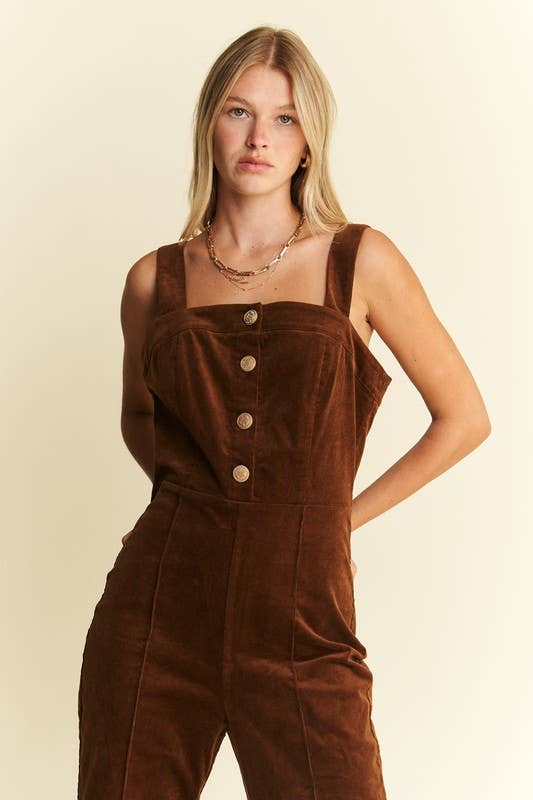PLUS SIZE BUTTON DOWN CORDUROY FLARED JUMPSUIT ZIPPERED BACK