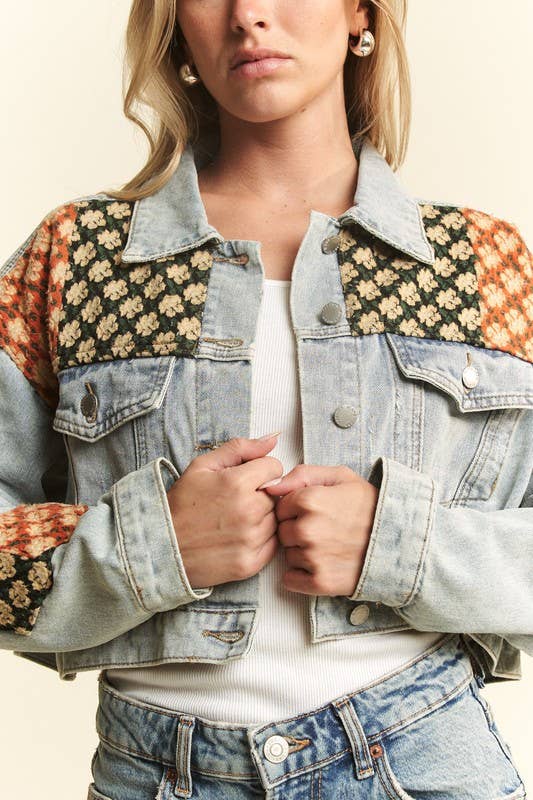DISTRESSED FLORAL PATCHWORK CROPPED DENIM JACKET