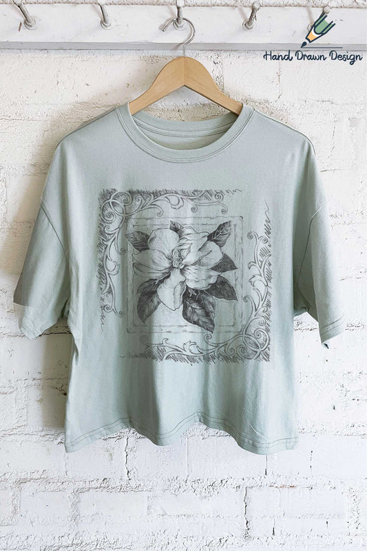 MAGNOLIA FLOWER HAND DRAWN GRAPHIC LONG CROP TOP
