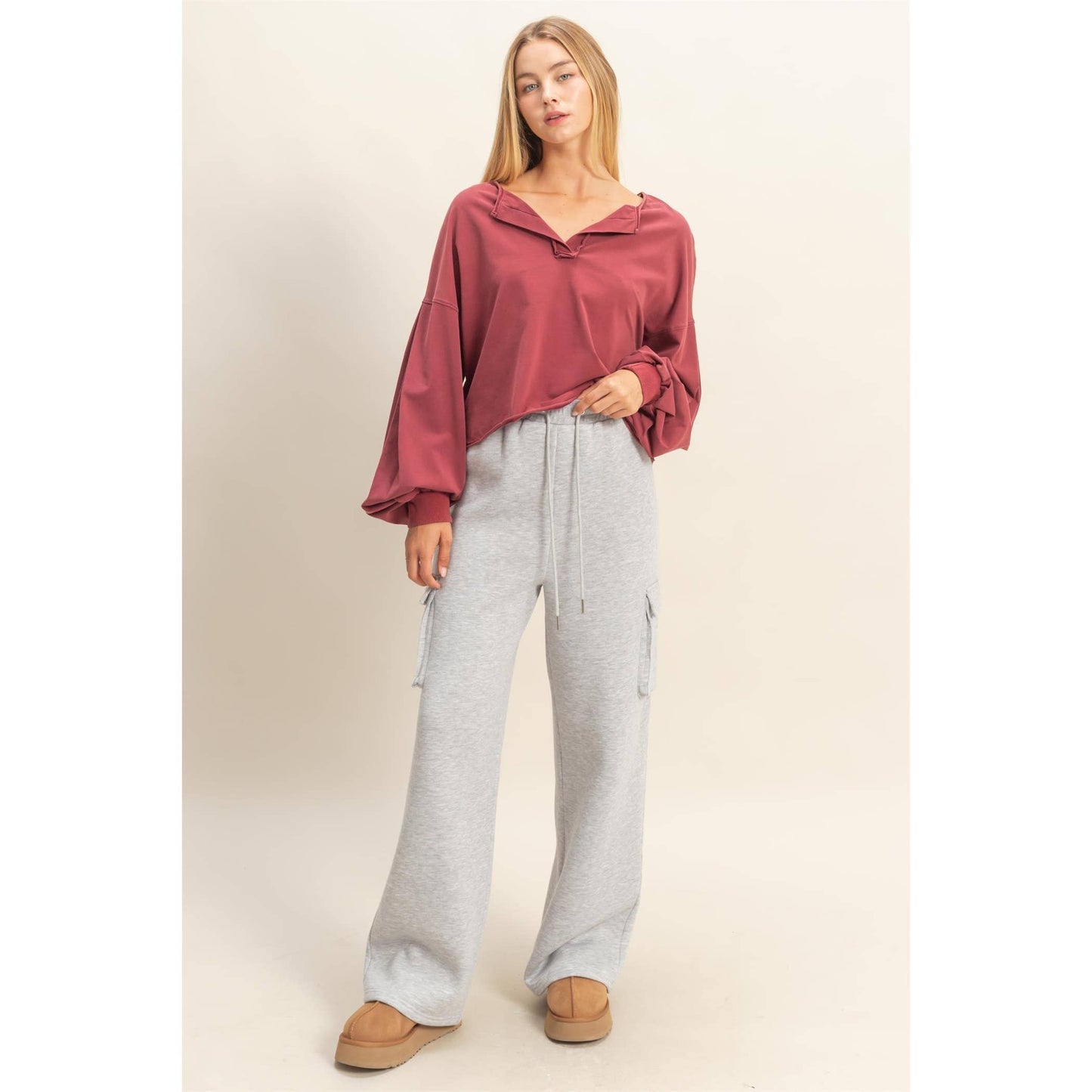 Mineral Washed Casual Long-Sleeve Top