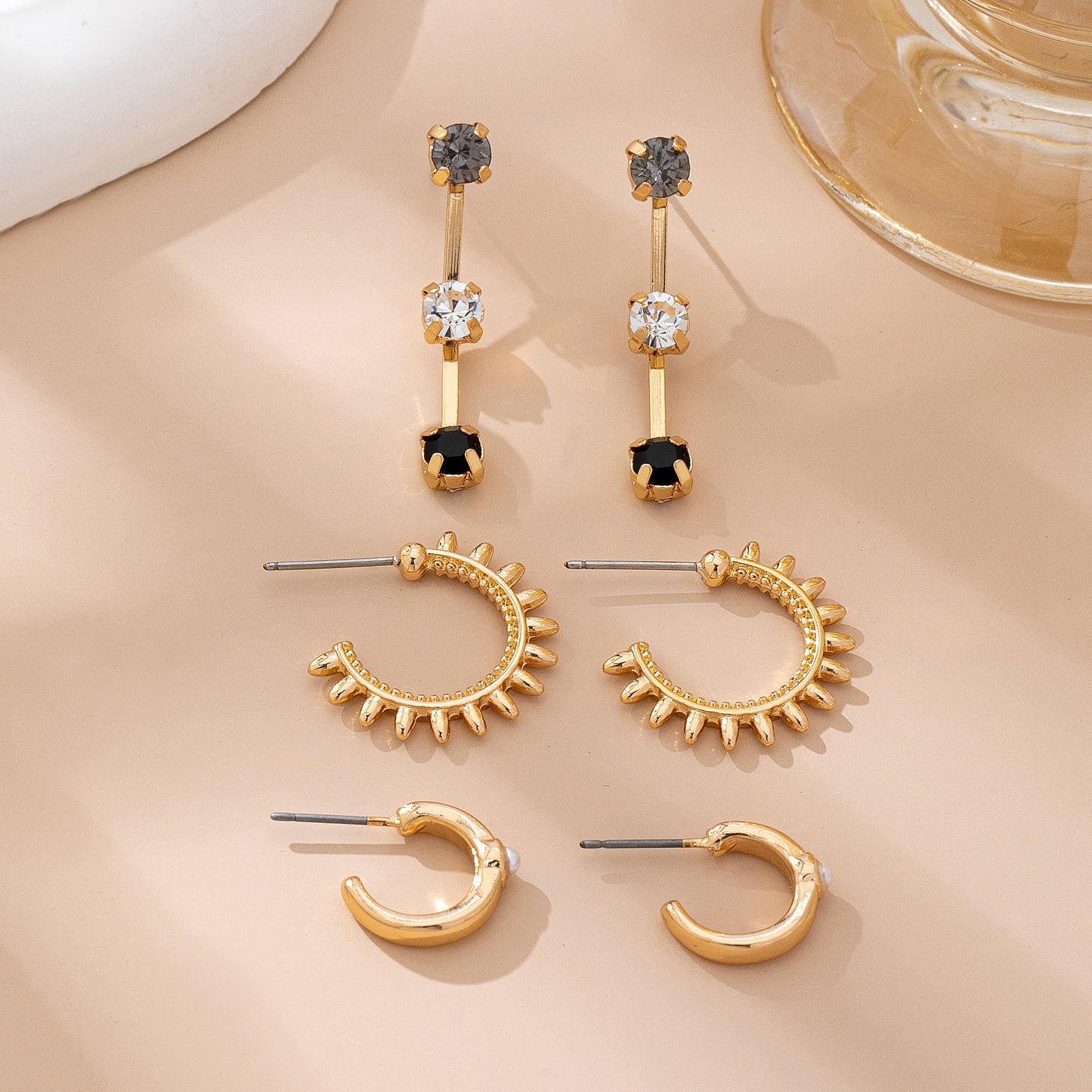 Gold-Tone Mixed Crystals & Black Gems Earring Set | 80E61607