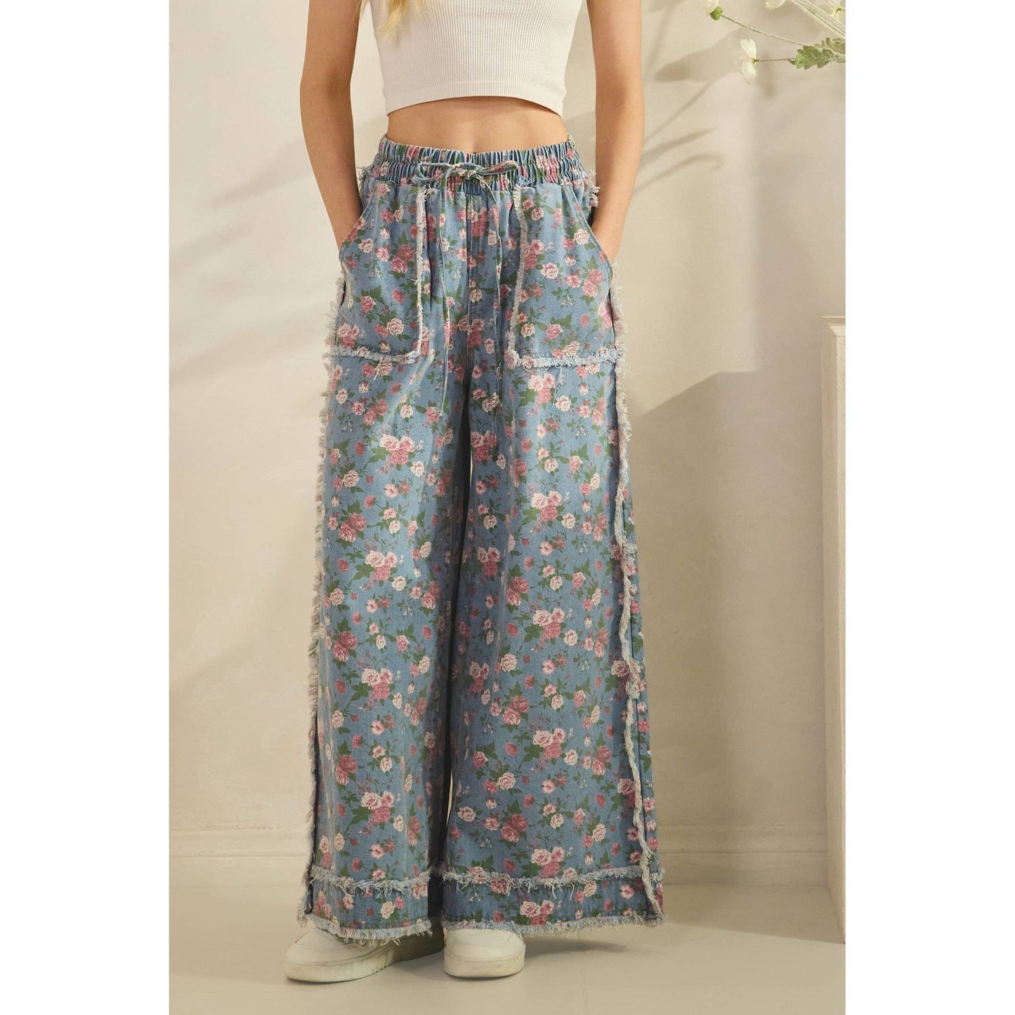 BOHO GARDEN DENIM PANTS FLORAL PRINT