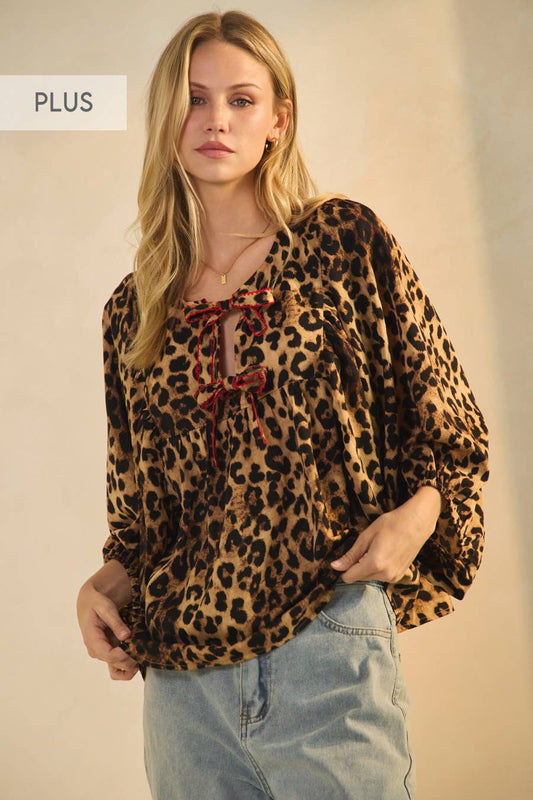 Plus Leopard Printed Puff Sleeve Blouse