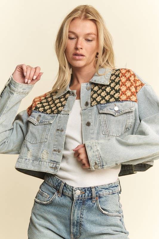 DISTRESSED FLORAL PATCHWORK CROPPED DENIM JACKET