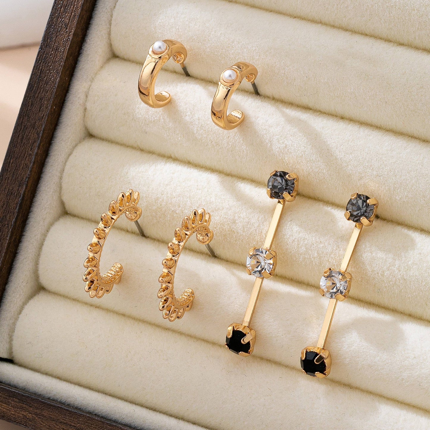 Gold-Tone Mixed Crystals & Black Gems Earring Set | 80E61607