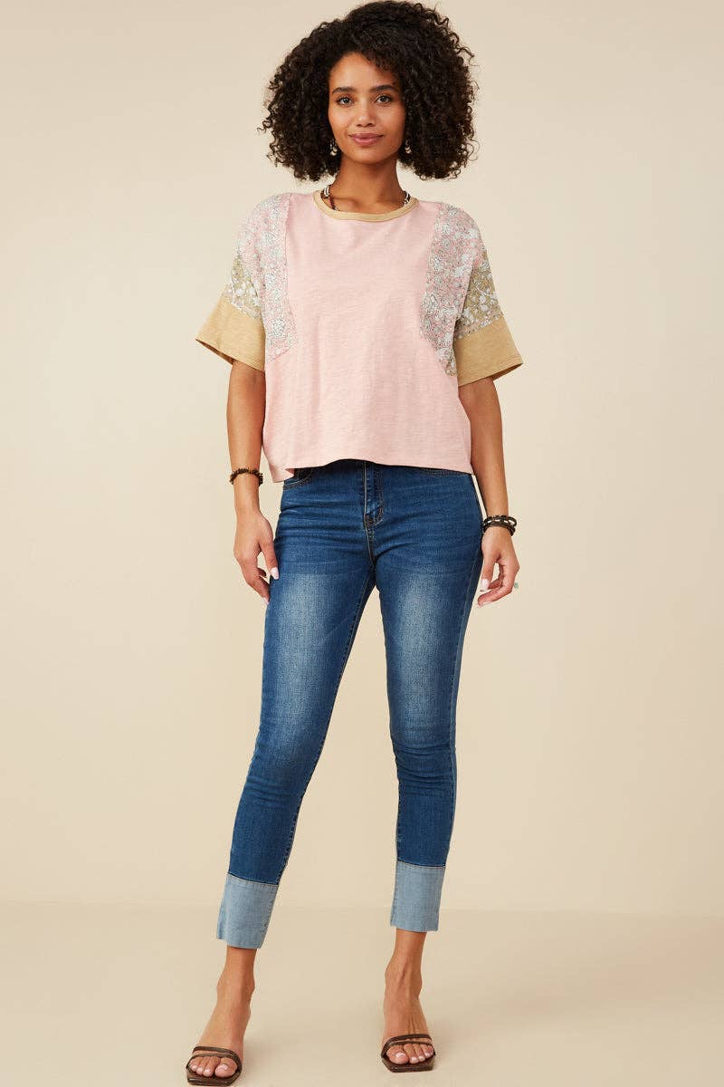 Womens Print And Color Block Knit Top