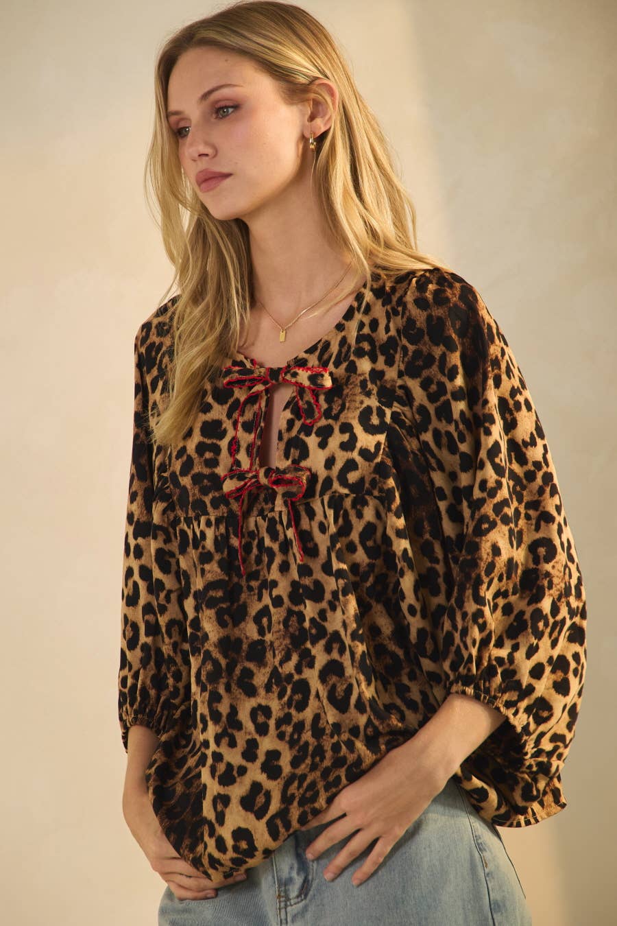 Plus Leopard Printed Puff Sleeve Blouse
