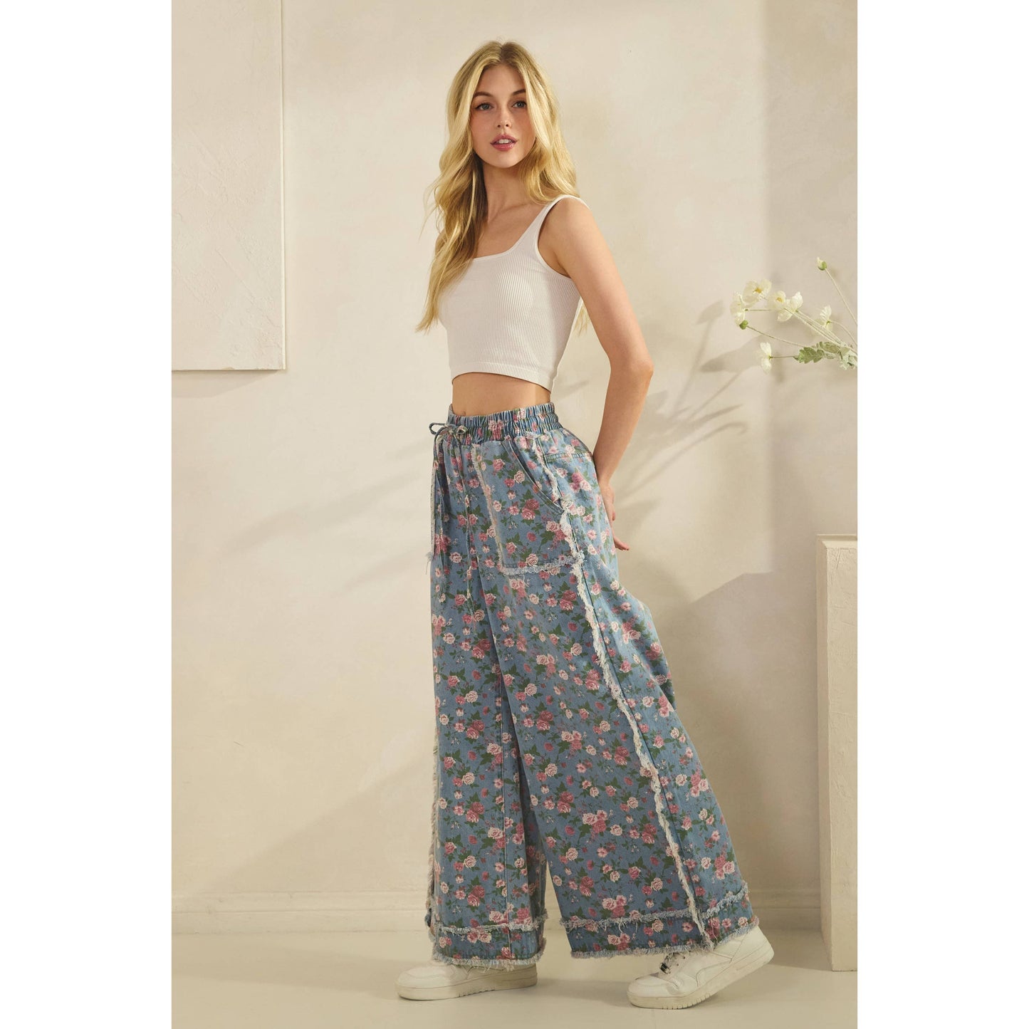 BOHO GARDEN DENIM PANTS FLORAL PRINT