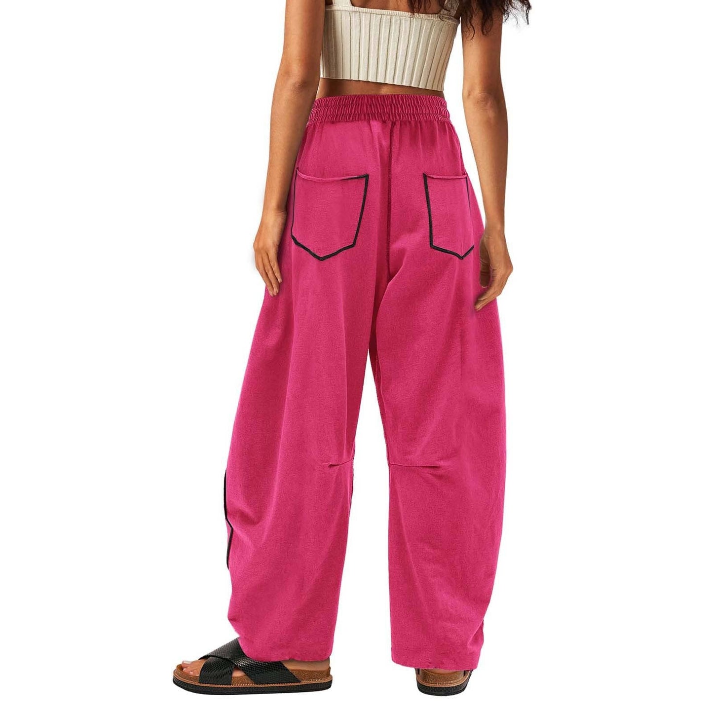 Rose Drawstring Mid-Waist Causal Barrel Pants