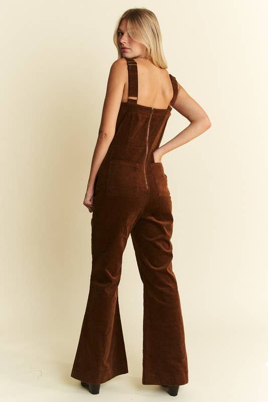 PLUS SIZE BUTTON DOWN CORDUROY FLARED JUMPSUIT ZIPPERED BACK