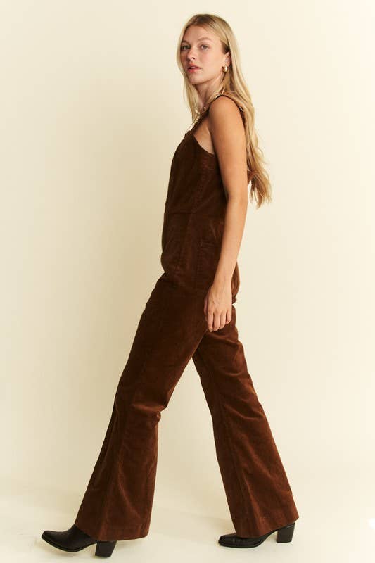 PLUS SIZE BUTTON DOWN CORDUROY FLARED JUMPSUIT ZIPPERED BACK
