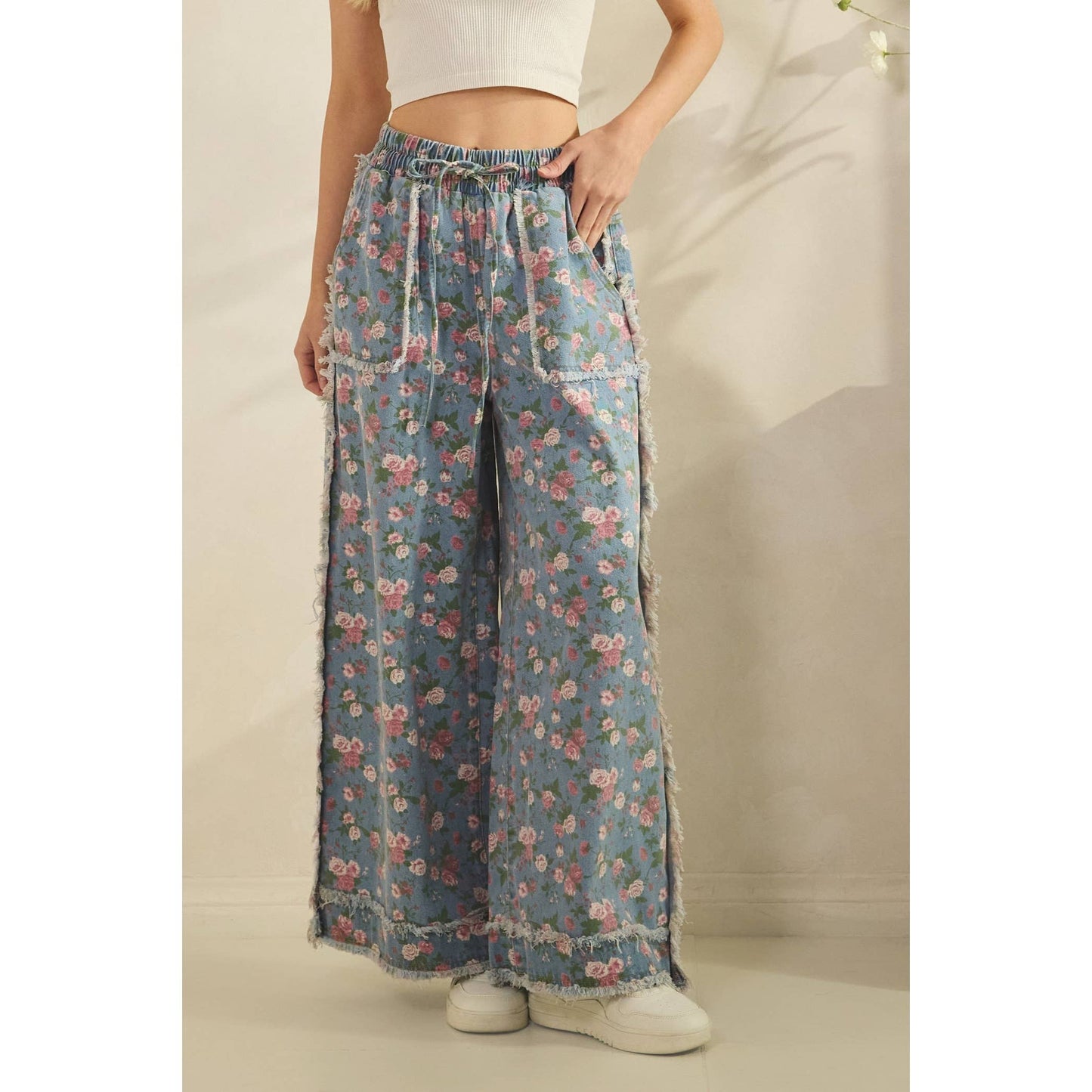 BOHO GARDEN DENIM PANTS FLORAL PRINT