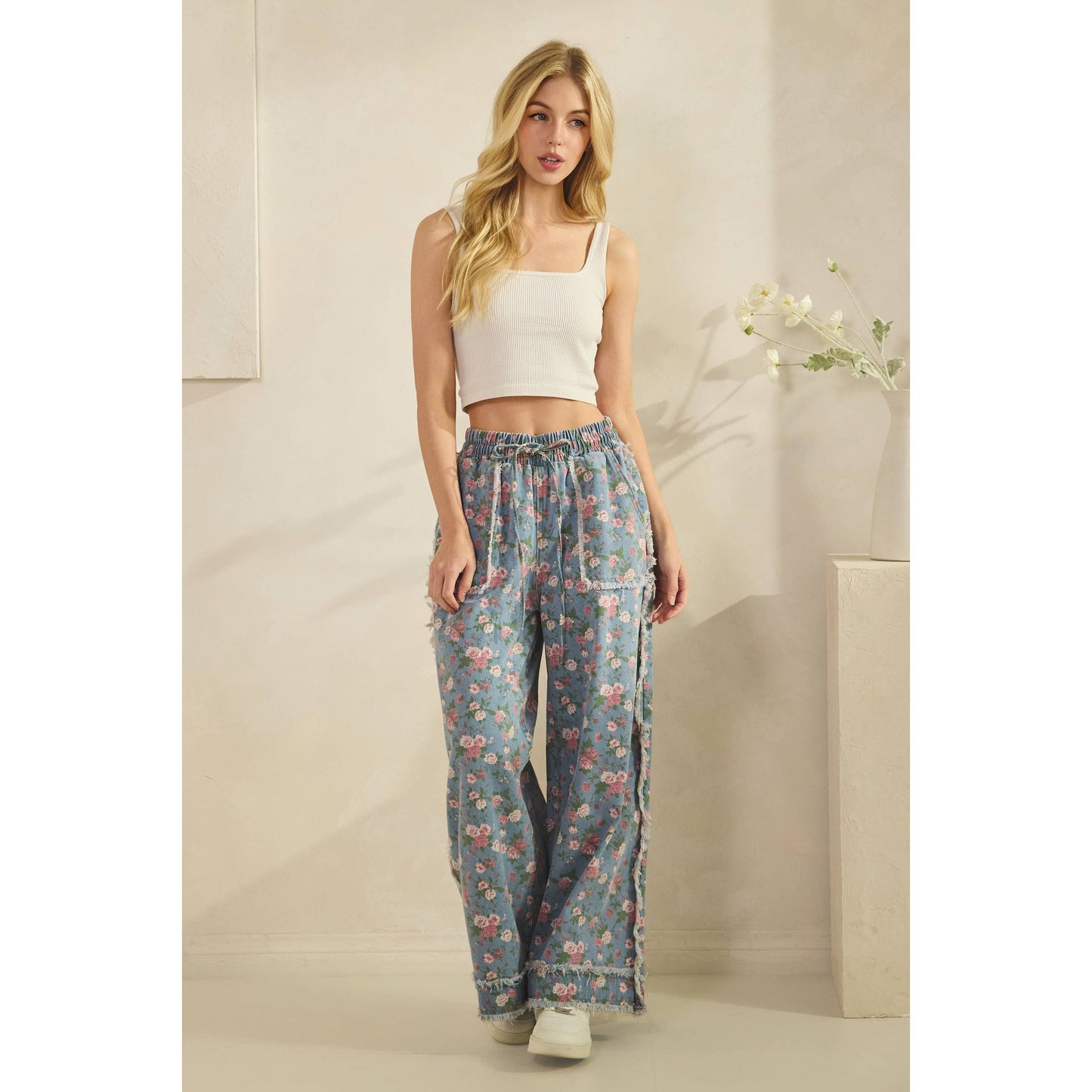 BOHO GARDEN DENIM PANTS FLORAL PRINT