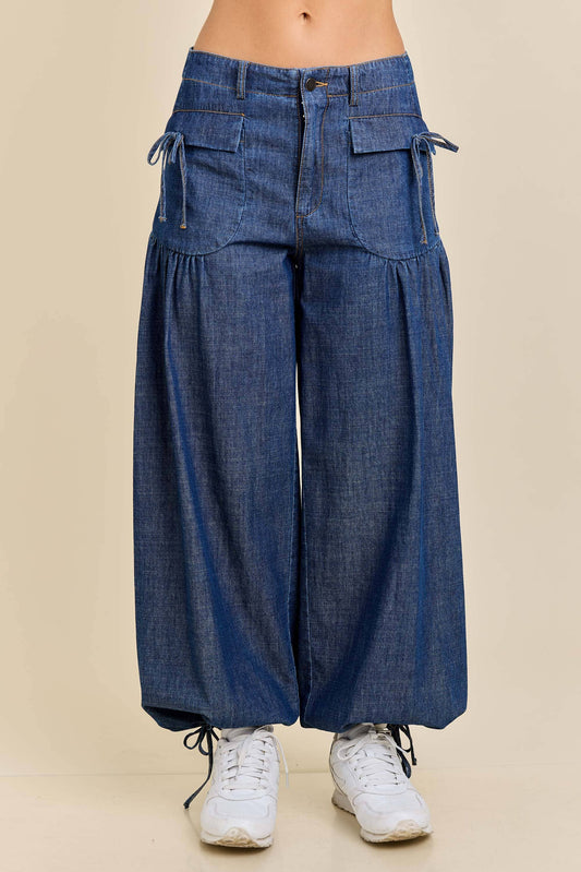 Dual-Style Wide-Leg and Cinched Jogger Denim Pants