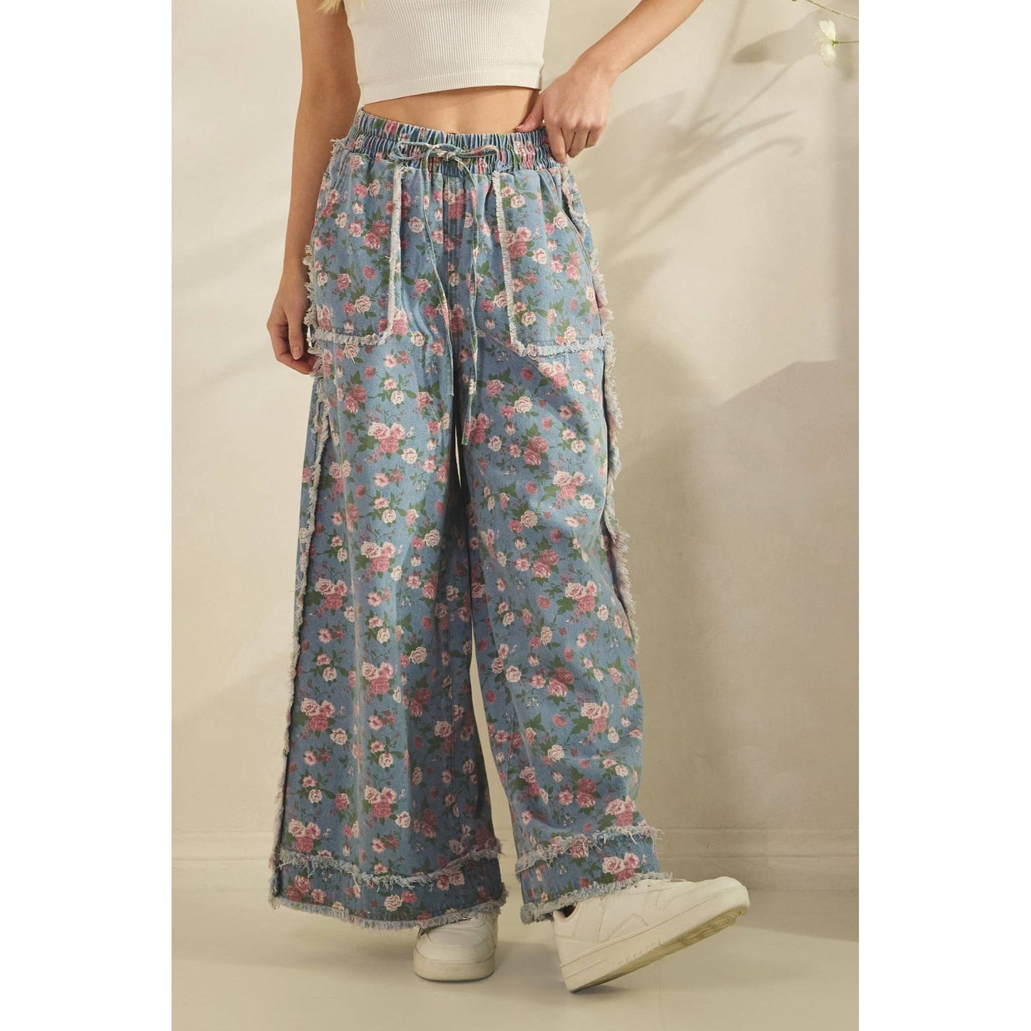 BOHO GARDEN DENIM PANTS FLORAL PRINT
