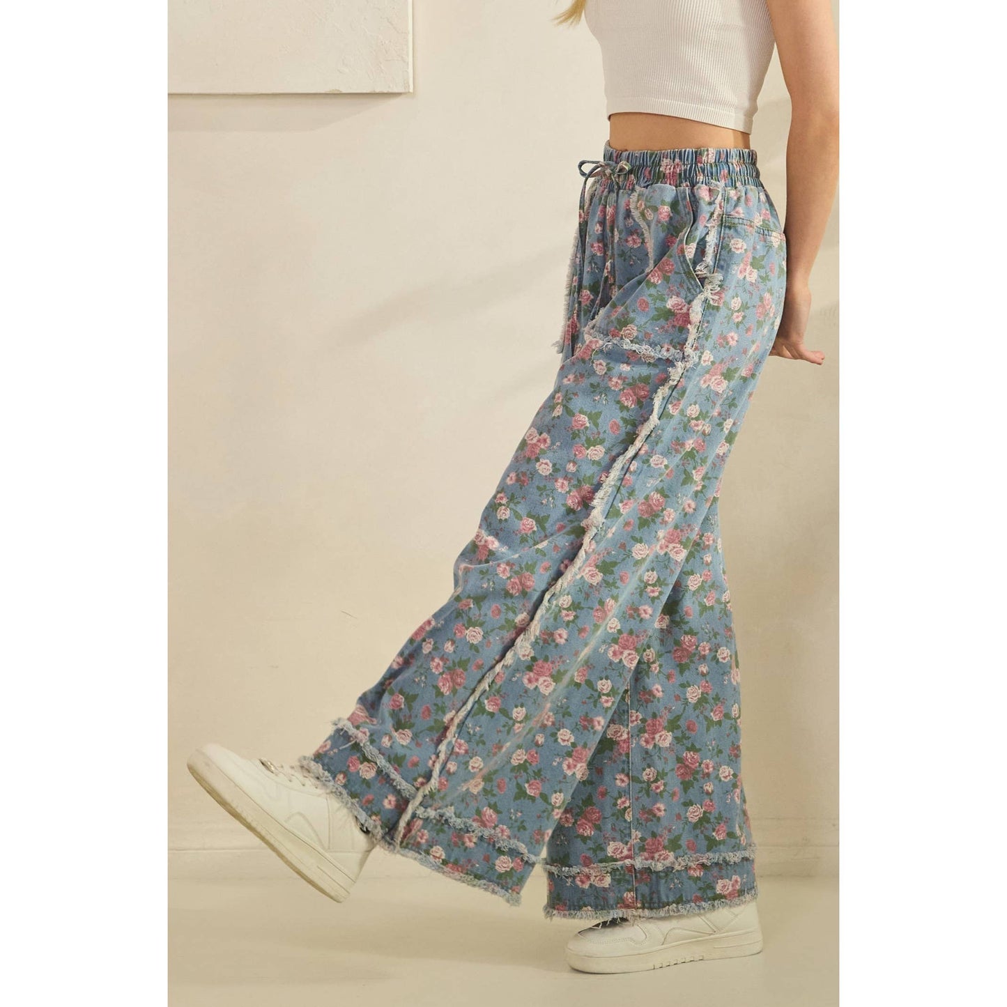 BOHO GARDEN DENIM PANTS FLORAL PRINT