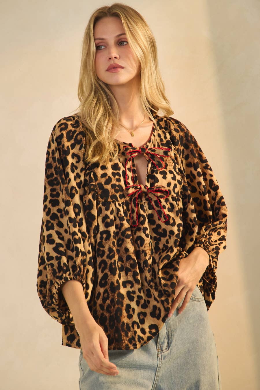 Plus Leopard Printed Puff Sleeve Blouse